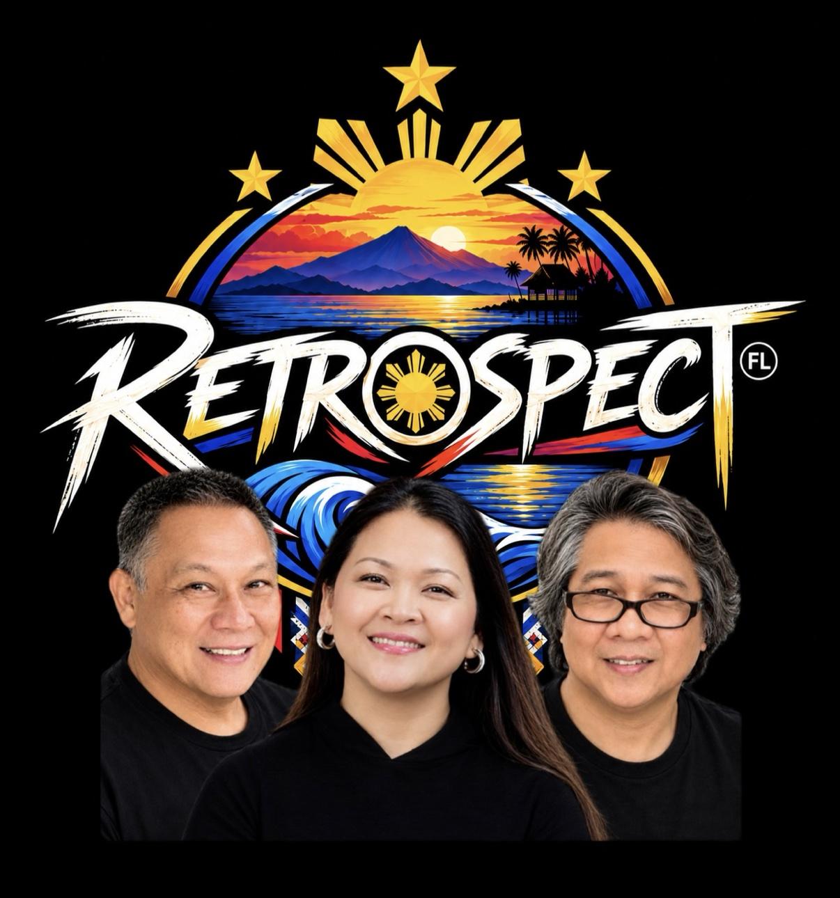 The members of Retrospect — Bill, Mary Faith Blanco, and Doy Dela Rosa — in front of the Retrospect logo